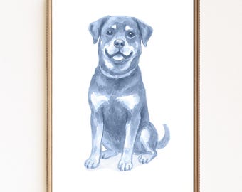 Blue Watercolor Rottweiler Print, Dog Breed Wall Art, Rottie Lover Gift, Instant Digital Download