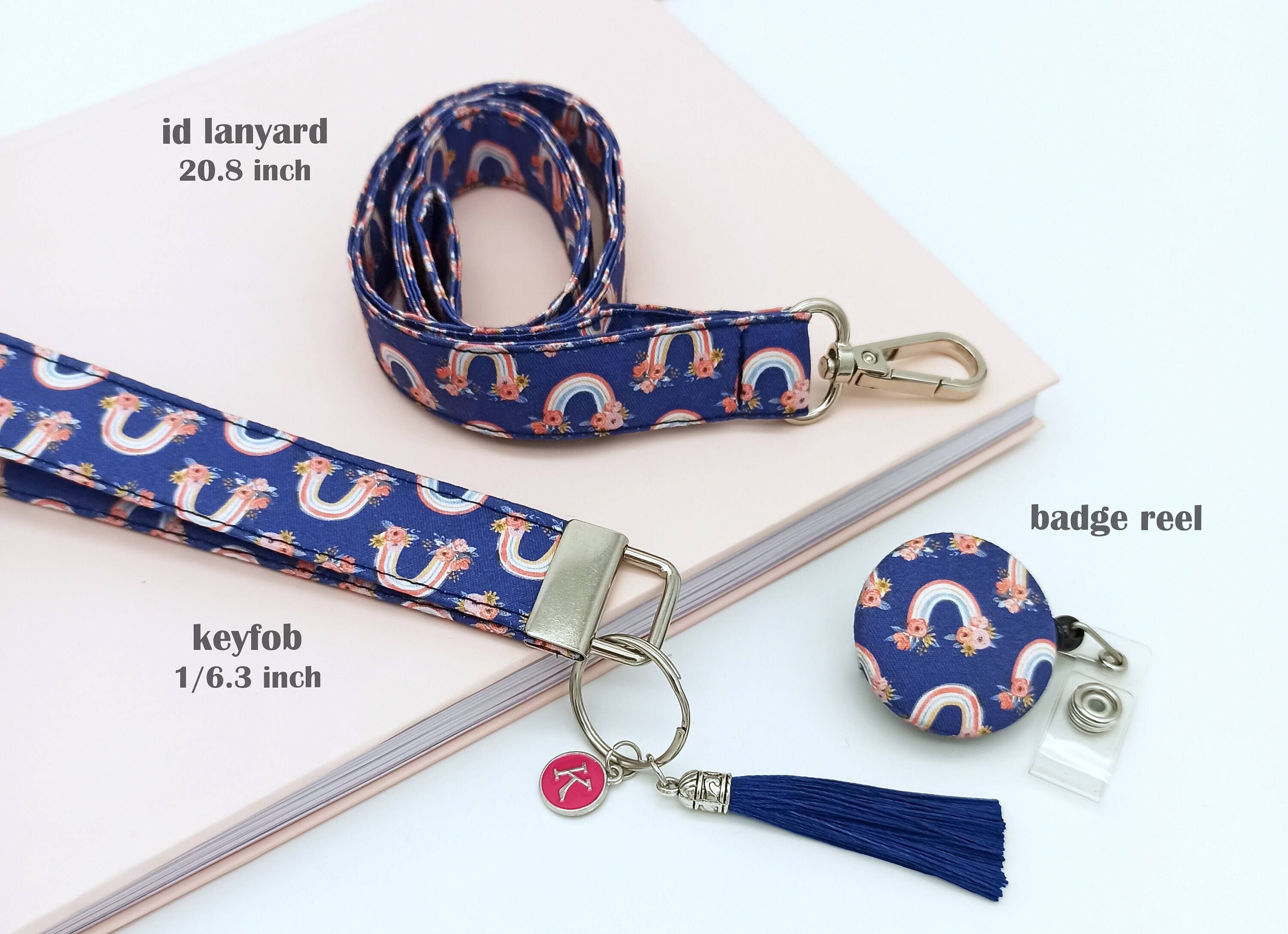 Custom key fob rainbow gift woman floral lanyard and badge Etsy