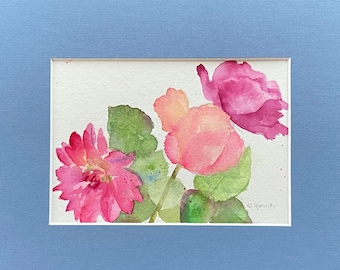 watercolor flowers, rose watercolor painting, Original matted watercolor, pink rose, dahlia watercolor, floral art decor, 5 x 7 inch