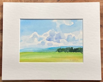 Original watercolor landscape painting,  cloudscape painting, abstract landscape watercolor, summer painting, Pennsylvania landscape