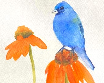 Original indigo bunting watercolor painting, blue bird with orange coneflowers, gift for bird lovers, hand painted bird with flowers