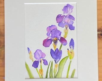 iris painting, original purple iris watercolor, 5 x 7 inches, small floral painting, garden art, matted painting, hand painted iris