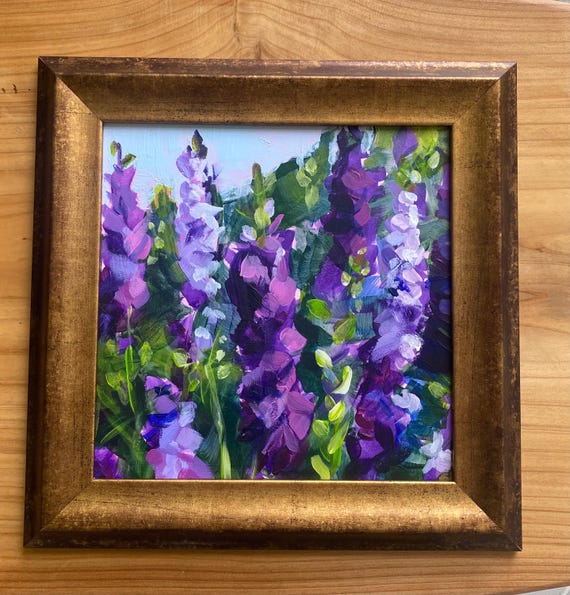 colorful abstract floral painting, larkspur flower painting, original framed acrylic floral, July birth flower gift, purple flowers