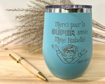 Verre isolé 12oz avec couvercle. Cadeau pour professeur, enseignante ou éducatrice. Personnalisable selon le sexe, les cheveux, lunette, etc