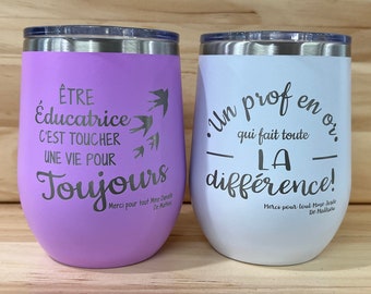 12oz insulated glass with lid. Gift for teacher, educator, T.E.S. friends, wedding etc. - Can be personalized IN FRENCH