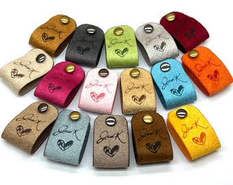 Customized MediumSuede foldable tags WASHABLE Lots of color sizes quantities WITHOUT DRAFT ≃ 0.6mm thickness included rivets choices
