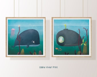 La rencontre sous l'ocean Impression Illustration Poster / Affiche Double 30x30 enfant naissance