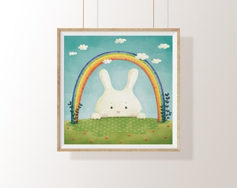 Un lapin attrape le bonheur Impression Illustration Poster / Affiche 21x21 enfant naissance