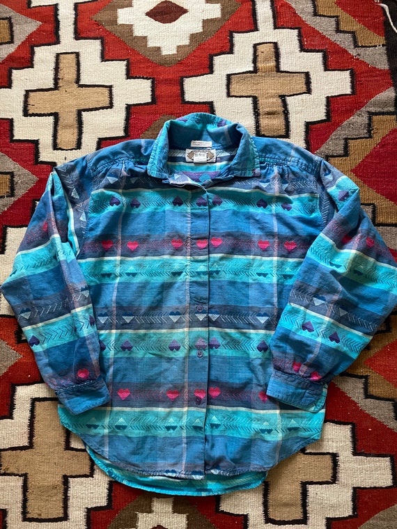 1990s heart pattern button down shirt size large