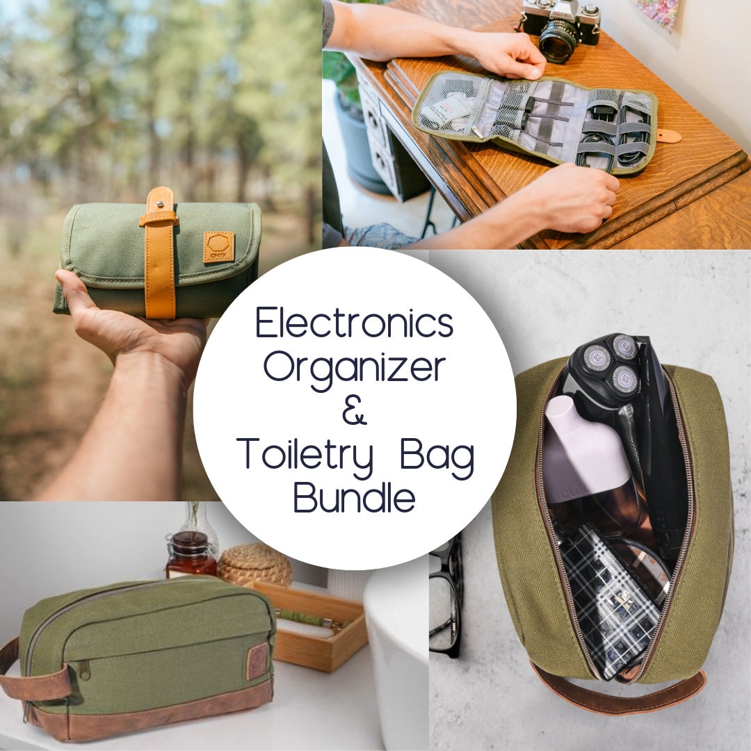 Olive Electronics Organizer Bag & Mens Toiletry Bag Bundle 