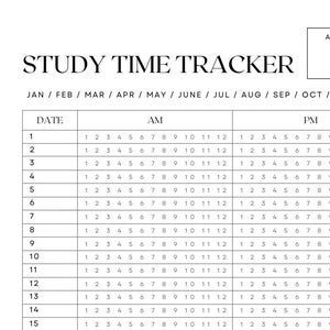 May include: A black and white study time tracker with a grid of numbers from 1 to 12 for each hour of the day, and a calendar grid with dates from 1 to 31. The tracker is labeled "Study Time Tracker" and includes the months of the year from January to December.