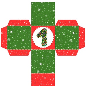 Cajas calendario de Adviento, DIY, Navidad 2023, Imprimible Digital, Números del 1 al 25, Copos de Nieve Rojos Verdes y números decorados imagen 2