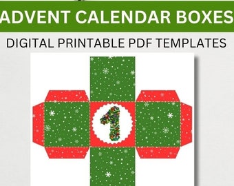 Advent calendar boxes, DIY, Christmas 2023, Digital Printable, Numbers from 1 to 25, Red Green Snowflakes and decorated numbers