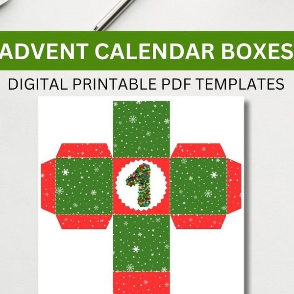 Advent calendar boxes, DIY, Christmas 2023, Digital Printable, Numbers from 1 to 25, Red Green Snowflakes and decorated numbers