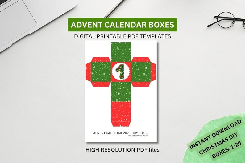 Cajas calendario de Adviento, DIY, Navidad 2023, Imprimible Digital, Números del 1 al 25, Copos de Nieve Rojos Verdes y números decorados imagen 1