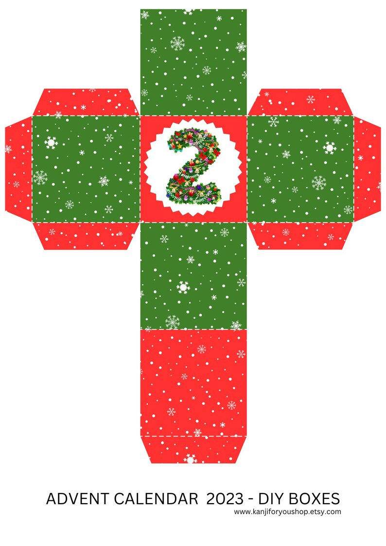 Cajas calendario de Adviento, DIY, Navidad 2023, Imprimible Digital, Números del 1 al 25, Copos de Nieve Rojos Verdes y números decorados imagen 3