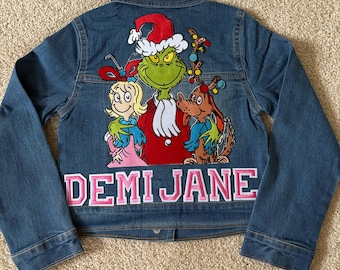GRINCH Christmas Holiday Denim Patch Jacket Theme Custom Embellished Baby/Toddler's/Big Kid’s (Monogram/Full Name)
