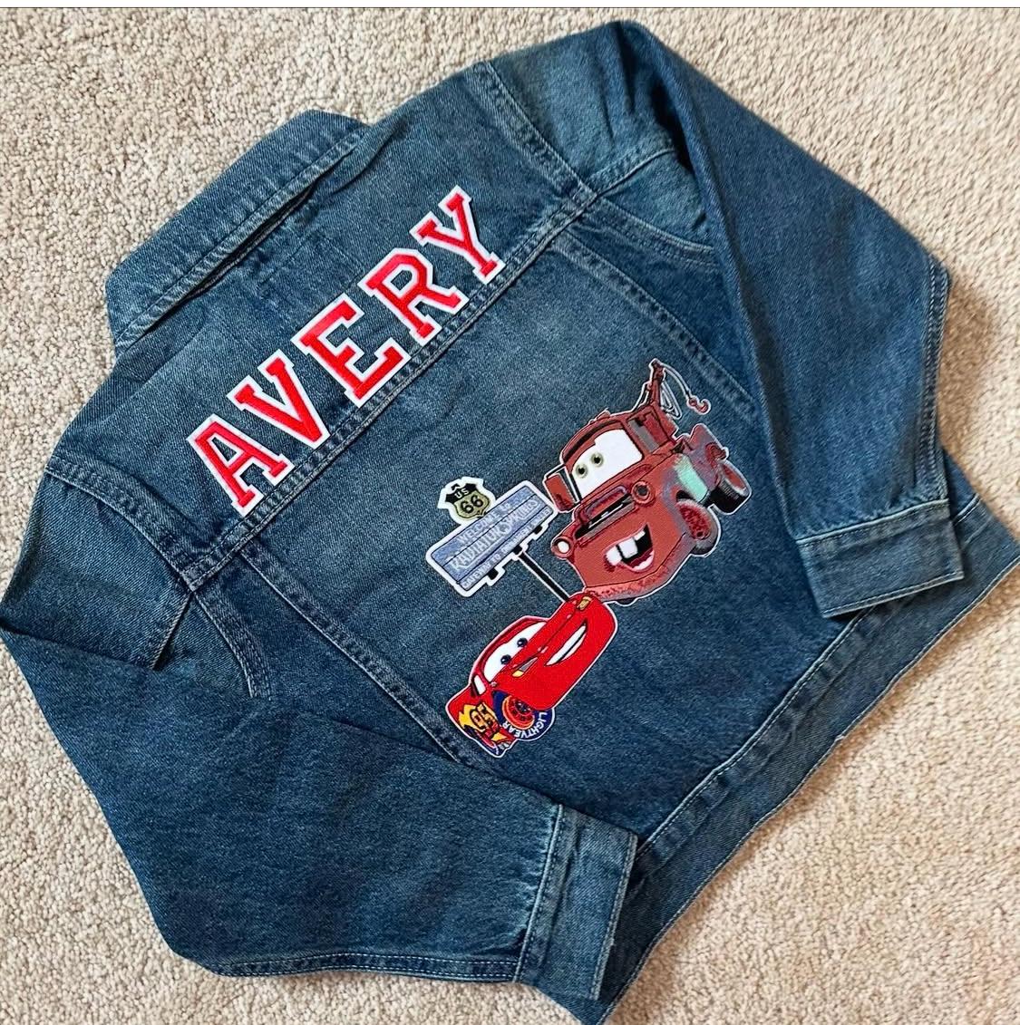 CARS Radiator Springs Lightning McQueen & Maters Race Theme Denim Patch Jacket Boy's/Girl's Toddler's/Big Kid's (Monogram/Full Name)