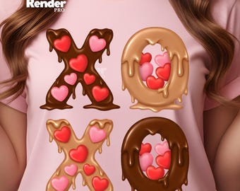 May include: Pink t-shirt featuring the letters "XO" in a chocolate-like design. The "X" is dark brown, and the "O" is tan, both with dripping edges. Red and pink hearts fill the letters, creating a sweet, Valentine's Day theme.
