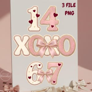 May include: Pink and cream-colored digital graphics featuring the numbers 14, 67, and the letters XOXO. Each design element is adorned with small red hearts and a pink bow. The text "3 FILE PNG" is also visible.