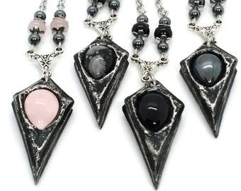 Pendulum Point Pendant Necklace with Stone Options. Gothic Gemstone Necklace with Rose Quartz, Onyx, Obsidian or Hematite. Hand Cast Pewter.