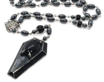 Long Beaded Rosary with Hand Cast Pewter Coffin and Onyx Setting. Beaded Gothic Rosary. Goth Rosary with Coffin and Onyx. Gothic Prayer Bead