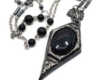 Black Onyx Pendant Necklace. Geometric Necklace. Mystical Jewelry. Occult Jewelry. Gothic Gemstone Necklace. Black Stone Necklace.