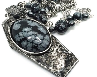 Pewter Coffin Necklace. Snowflake Obsidian Jewelry. Snowflake Obsidian Pendant Necklace. Alt Jewelry Necklace. Gift for Goths. Dark Jewelry.