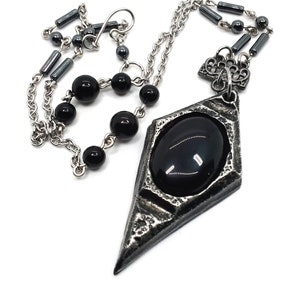 Black Onyx Pendant Necklace. Geometric Necklace. Mystical Jewelry. Occult Jewelry. Gothic Gemstone Necklace. Black Stone Necklace.