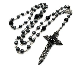 Gothic Spiked Cross Rosary: Hand Cast Pewter Pendant