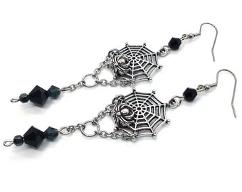 Spider Dangle Earrings | Spiderweb Earrings | Witch Earrings | Goth Spider Earrings | Bug Jewelry | Creepy Jewelry | Trad Goth Earrings