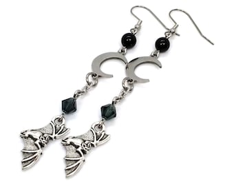 Flying Bat Charm Earrings - Stainless Steel Crescent Moon Earring with Onyx Accent. Gothic Bat and Moon Earrings. Goth Fashion Earrings.