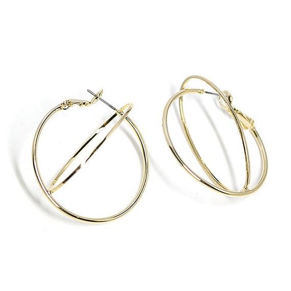 39mm 3D Big Double Oval/&Circle Clip Earrings  Wedding  Jewelry Making  Matte Rhodium Plated Brass  Titanium Post  2pcs  1-ke145