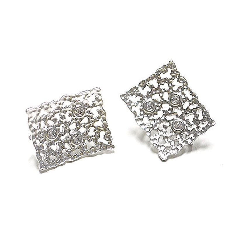 3pieces CZ\uff06Lace Square Shape Earring Jewelry Making Matte Rhodium Plated Brass 925 Sterling Silver Post 2pcs 1-eso0002