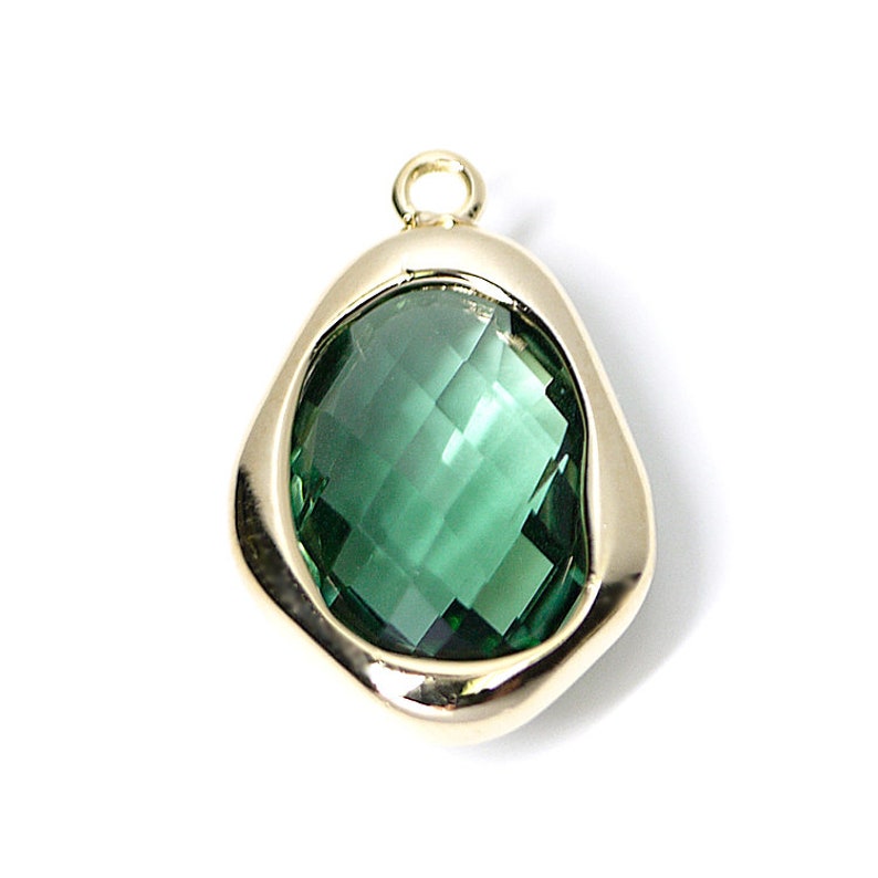 Dark Mint Green Color Irregular Drop Shape Glass Pendant Charm Gold Plated Brass Framed Glass 2pcs 1-gcs11