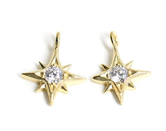 1PC / Q1 Cubic Zirconia Sparkle STAR motif Tiny Pendant / Charm / Wedding / Jewelry Making / Matte Gold Plated Brass / cp0072