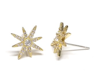 Cubic 21pieces Sparkle STAR Earrings / Wedding / Jewelry Making / Gold Plated Brass / 925 Sterling Silver Post / 2pcs / jce03