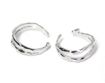 1PC / Hammered Duo Line Open Ring / Daily / Jewelry making / Rhodium Plated Brass / ejr21