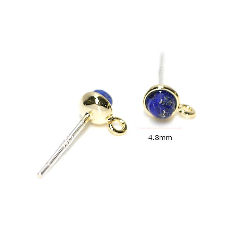 2pcs Gold Plated Brass Framed Tiny 4.8mm Lapis Lazuli（Gem Stone）Circle Shape Earring 925 Sterling Silver Post 1-ncsp02