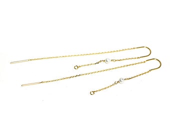 3mm Pearl &80*42mm Chain Hook Long Chain earrings / Wedding / Jewelry Making / Gold Plated Brass / 2pcs / ehp001