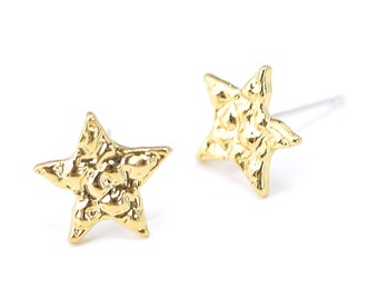 10mm Hammered Star Earrings / Jewelry Making / Gold Plated Brass / 925 Sterling Silver Post / 2pcs / eso186