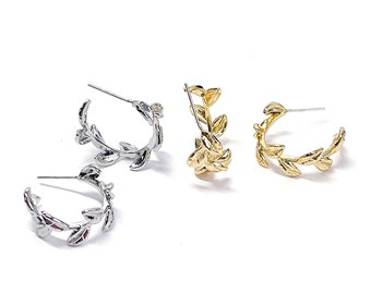 Choose the Color / 2PCS / 20mm Botanical Leaf Hoop Earrings / Nickel Free / Brass / 925 Sterling Silver Post / eje585