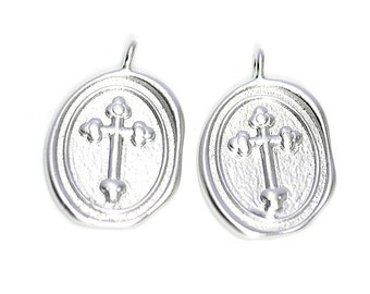 1PC / Pendentif pièce ovale croix Rosario / Porte-bonheur / Fabrication de bijoux / Mariage / Laiton plaqué rhodium mat / cp0099