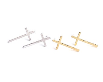 Choose the Color / Cross Stud Earrings, Simple, Modern, 925 Sterling Silver Post, Jewelry Making, Nickel Free, Brass / eje593