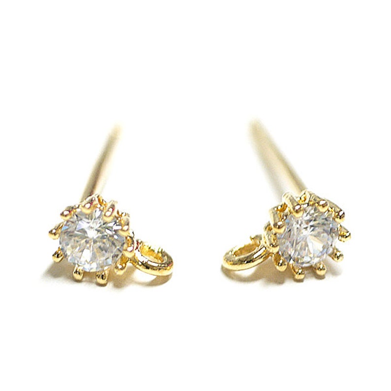 4mm Crystal Cubic Zirconia Earrings Ring / Wedding / Jewelry Making / Gold Plated Brass / 925 Sterling Silver Post / 2pcs / eso145 image 1