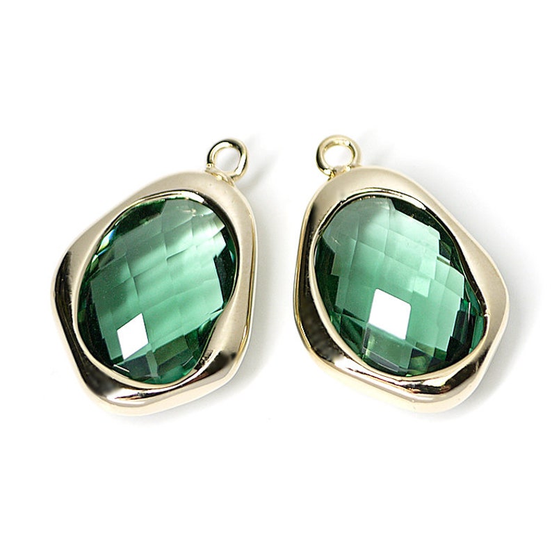 Dark Mint Green Color Irregular Drop Shape Glass Pendant Charm Gold Plated Brass Framed Glass 2pcs 1-gcs11