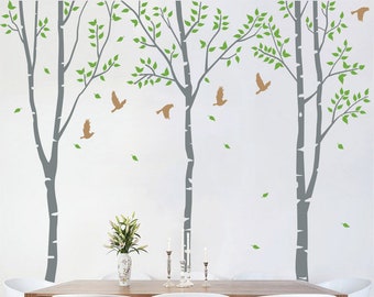 3 White Birch Trees Wall Decals - Removable Vinyl Wall Art Vinyl Decal - Tree Wall Stickers - Nature Wall Decals - Birds Wall Decal - A461