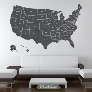 Carte des États-Unis avec les noms des États - Carte des États-Unis montrant les abréviations des États - Sticker mural en vinyle amovible pour carte des États-Unis - D094