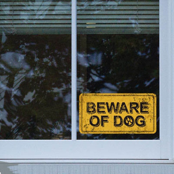 Beware of Dog on Yellow Vintage Rusty Metal Background, Home Security Sticker, Door Sign Vinyl Decal, Window Sticker, Alarm Sticker - DS1228