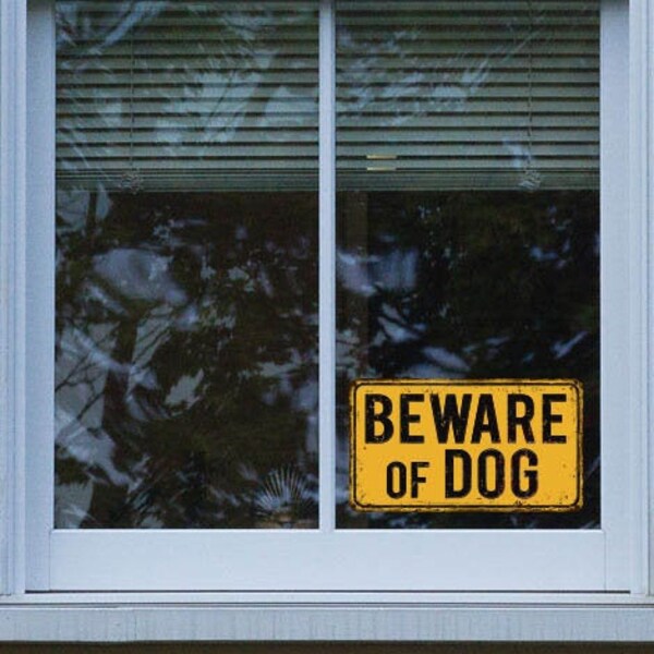 Beware of Dog on Yellow Vintage Rusty Metal Background, Home Security Sticker, Door Sign Vinyl Decal, Window Sticker, Alarm Sticker - DS1226